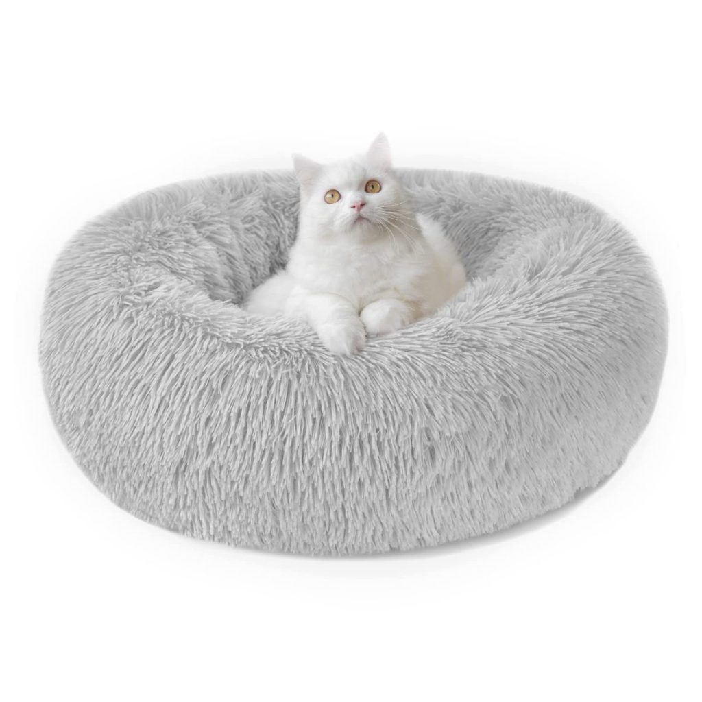 Coussin anti-stress chien M panier rond moelleux gris clair